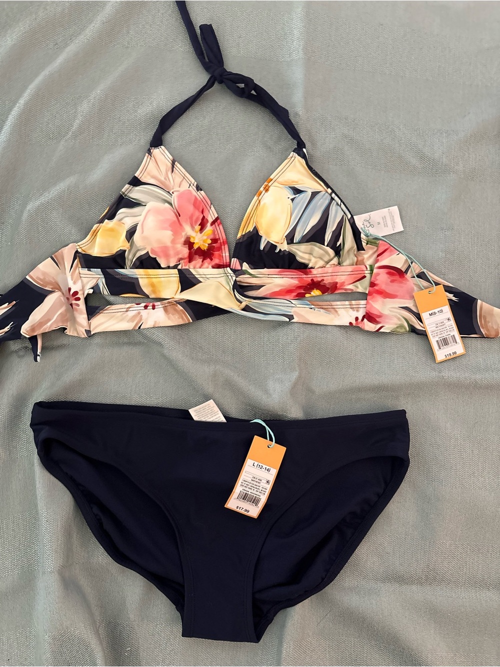 Kona Sol Navy Floral Triangle Bikini Set top- medium. Bottoms- large